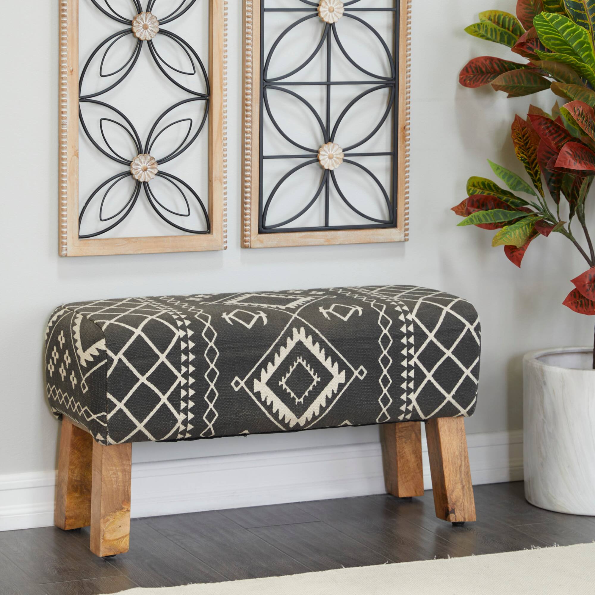 33" Black Wood Tribal Bench with Wood Legs